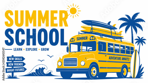 Summer school bus with surfboards and palm trees, vector illustration
