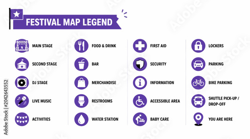 Cuadro en lienzo Festival map legend with icons for stages, food, amenities, and services in a clear graphic element style