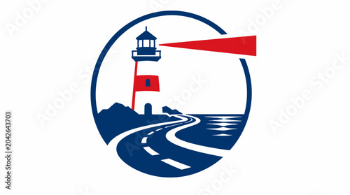 Schilderij op canvas Lighthouse guiding road and sea with red beam, circular graphic element
