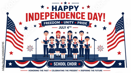 Tableau sur toile Children's school choir sings on stage for Independence Day celebration with American flags