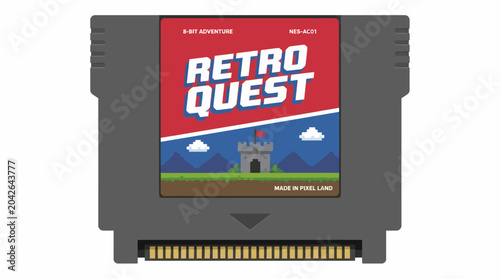Retro video game cartridge with pixel art castle scene, vector graphic