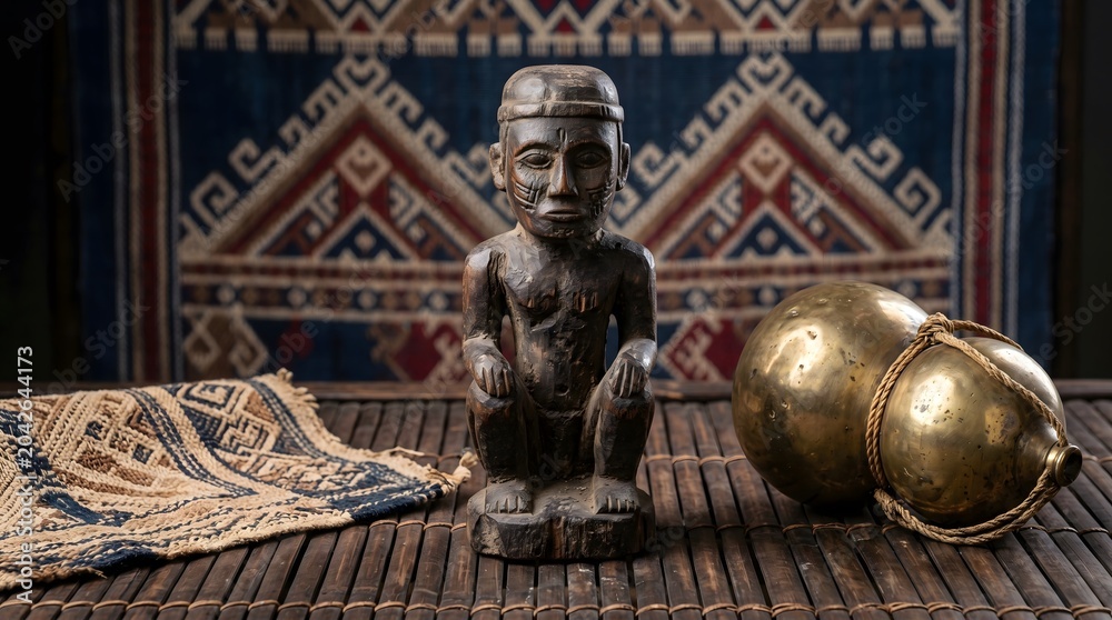 Fototapeta premium African Wooden Statue and Traditional Textiles in a Still Life