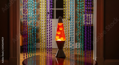 Glowing orange lava lamp on a wooden table with retro beads