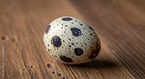 Single speckled quail egg resting on a rustic wooden surface