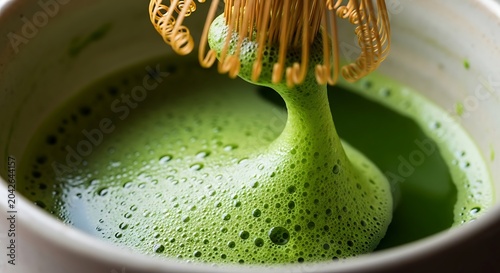 Bamboo whisk stirring frothy green matcha tea in a ceramic bowl