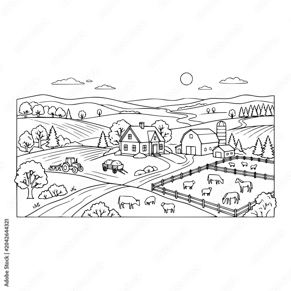 Fototapeta premium Farm landscape coloring page with barn tractor and animals in rural countryside