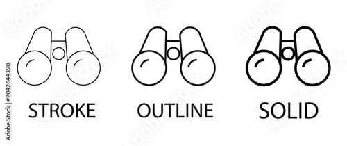 Binoculars icon set in stroke, outline, and solid styles. Minimalist optical equipment vector graphics for birdwatching, travel, and surveillance UI design.