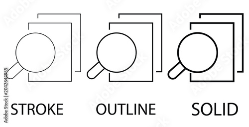 Document search icon set in stroke outline and solid styles, magnifying glass over paper files vector, data research and file discovery symbols