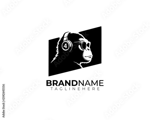 Black and White Monkey Profile with Headphones Logo