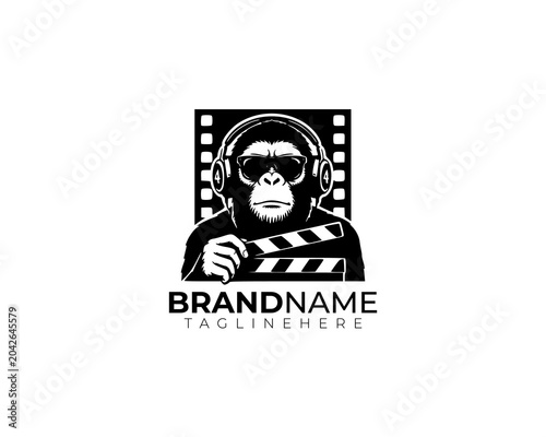Black and White Monkey Film Director with Clapperboard and Film Strip Logo