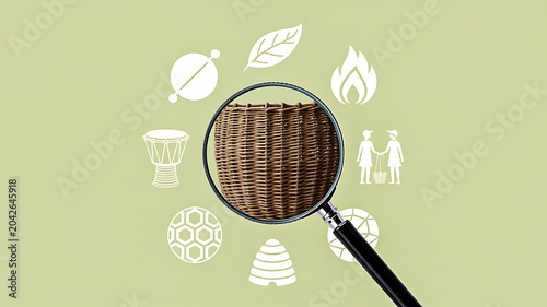 Sustainable environment concept with magnifying glass examining eco friendly symbols and natural resources