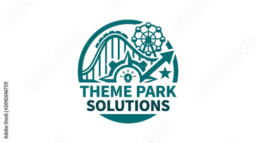 Theme park solutions logo with roller coaster and Ferris wheel graphic element