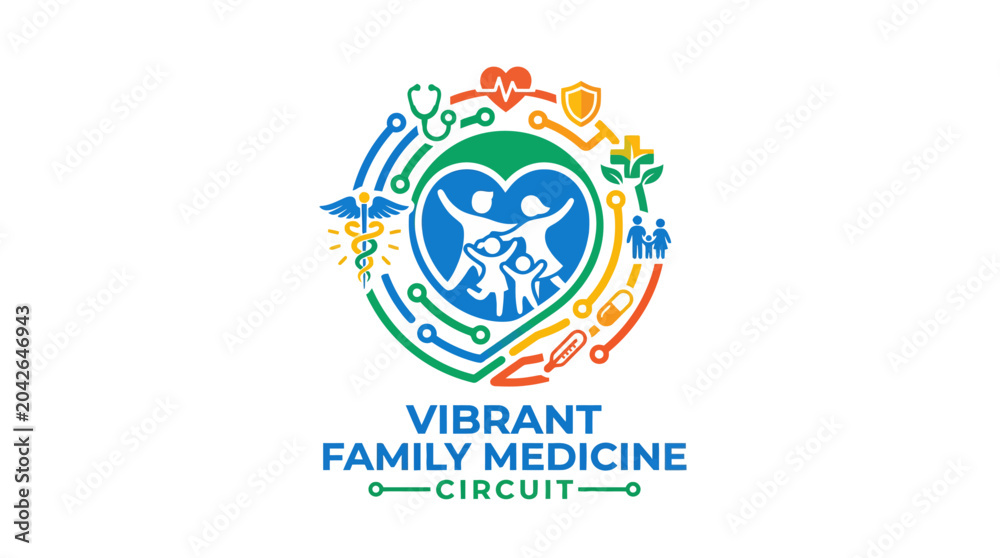 Fototapeta premium Vibrant family medicine circuit logo with healthcare icons and family silhouette