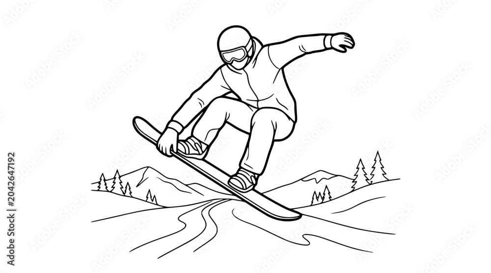Fototapeta premium Snowboarder performing jump trick in mountain landscape outline illustration