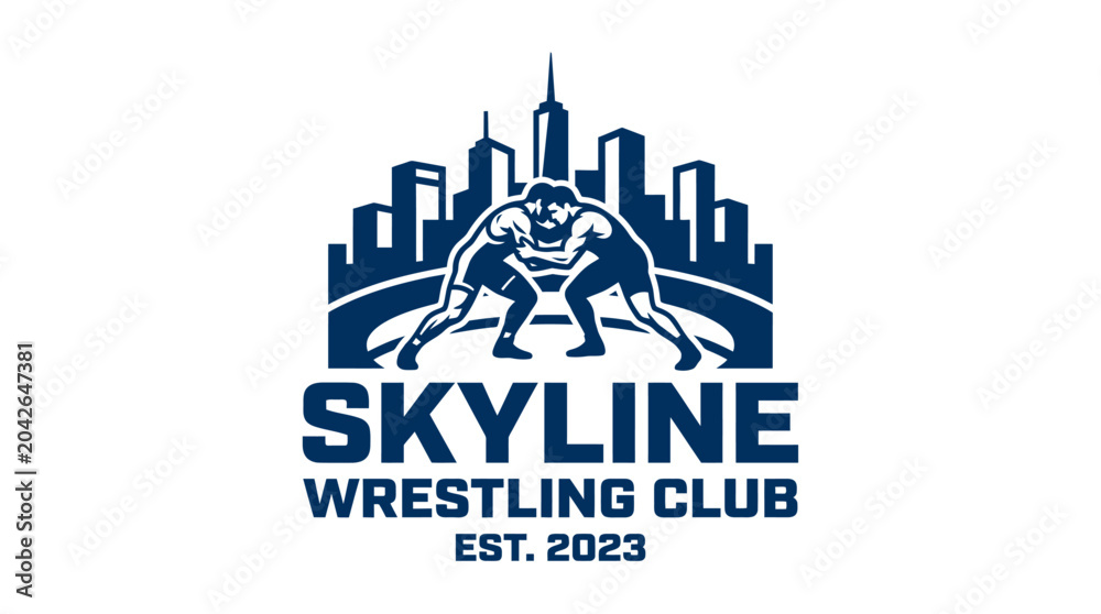 Obraz premium Wrestling club logo with city skyline and athletes, graphic element