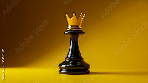 Black king chess piece with golden crown symbolizing leadership and business success on yellow background