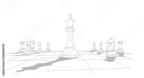 Photos Strategic Chess Game: King Dominates Opponent Pieces on Board - Minimalist Outli