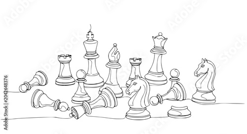 Фотография Chess Game Strategy Concept - Line Art Drawing of Chess Pieces