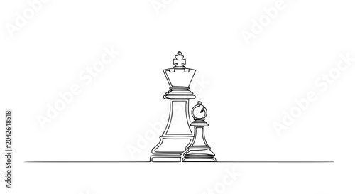 Schilderij op canvas Minimalist one line drawing of king and bishop chess pieces on white background