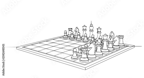 Photos Chessboard with pieces set up, strategic game, single line drawing illustration