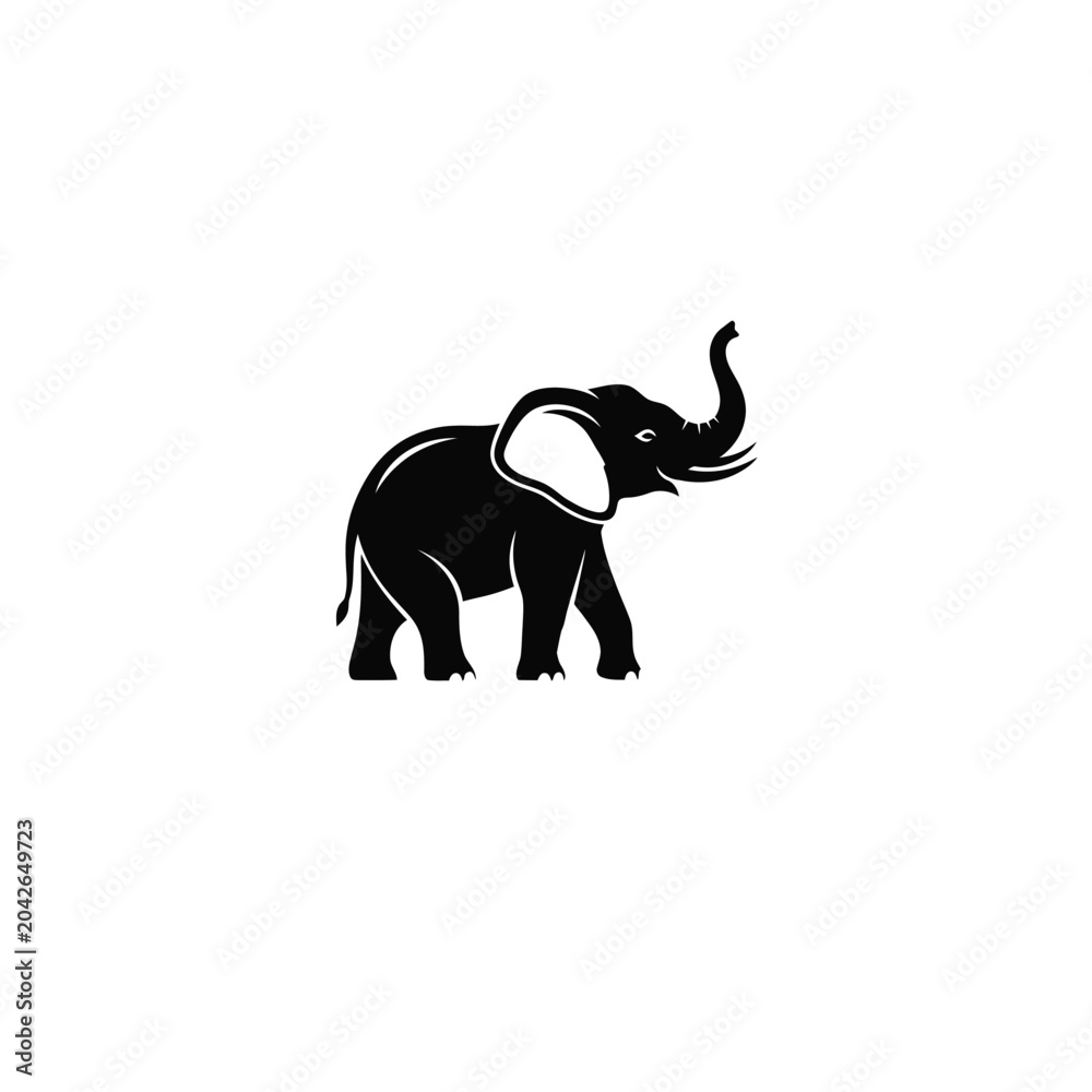 Obraz premium Stylized silhouette of an elephant with trunk raised on white background, keywords: elephant