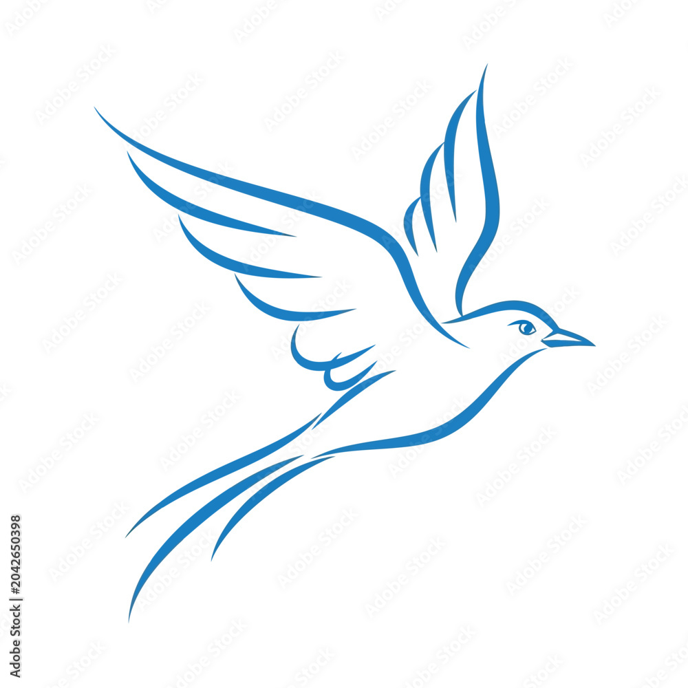 Obraz premium Blue outline of a bird in flight with wings spread on white background
