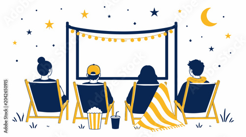 Outdoor movie night with friends under starry sky, flat illustration style