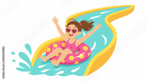 Slika na platnu Girl enjoying waterslide fun on inflatable ring, cartoon style, isolated on white