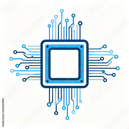 Stylized blue and white computer chip with radiating circuit lines on a clean white background, representing modern technology and digital processing.
