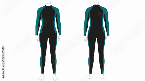 Foto Vector illustration of a sleek, modern wetsuit for surfing, presented on mannequins from front and back views, isolated on white