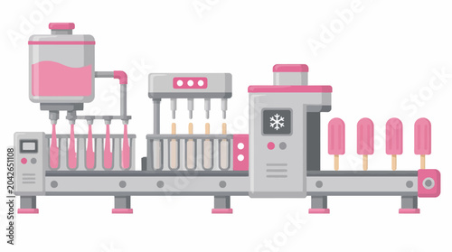 Flat design vector illustration of an automated ice cream production line with pink frozen treats.