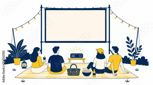 Outdoor movie night with friends, watching film on projector screen, picnic setup