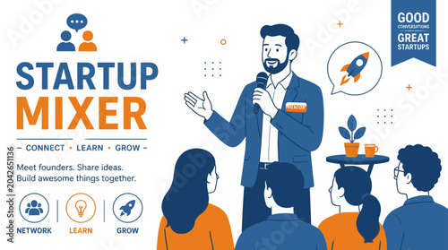 Startup mixer event illustration with speaker presenting to audience and business icons
