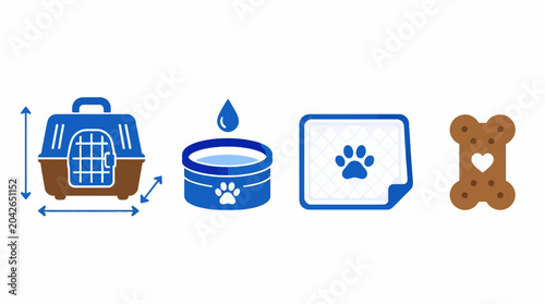 Pet care set with carrier, water bowl, pad, and treat. Flat vector illustration.