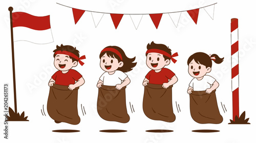Children's sack race competition with Indonesian flag and festive decorations