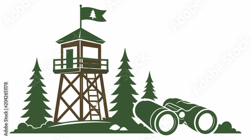 Forest observation tower with binoculars, cartoon style graphic element