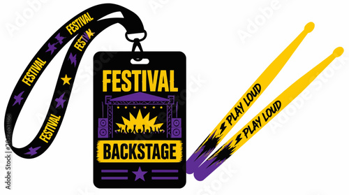 Festival backstage pass and drumsticks vector illustration with purple and yellow elements