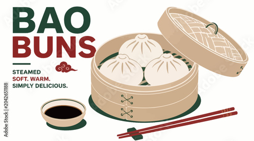 Steamed bao buns in bamboo steamer with soy sauce and chopsticks, vector illustration