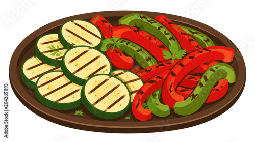 Grilled vegetables platter with zucchini and bell peppers, healthy food illustration