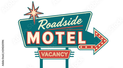 Retro roadside motel sign with vacancy and arrow, vintage graphic element