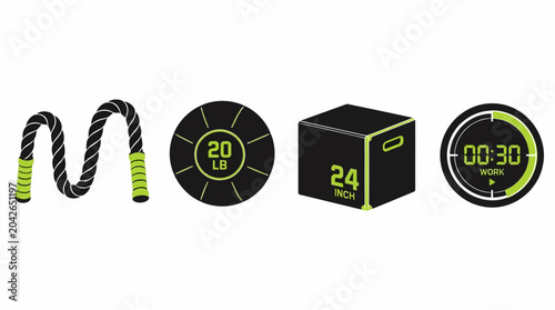 Gym workout equipment set with jump rope, medicine ball, plyo box, and timer