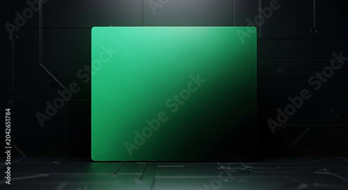 Vibrant Green Glowing Panel on Dark Futuristic Technology Background