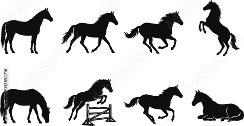 Obraz na płótnie Collection of Black Horse Silhouettes Featuring Various Poses Including Running