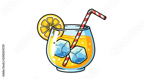 Photos Refreshing Orange Juice Drink with Lemon Slice and Ice Cubes, Cartoon Style