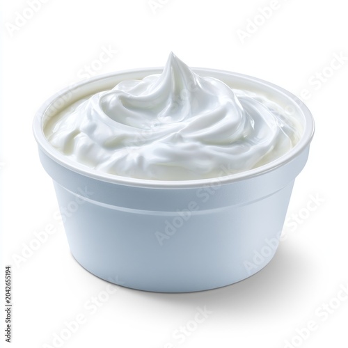 A white plastic cup filled with thick, creamy sour cream, shown against a clean white background.
