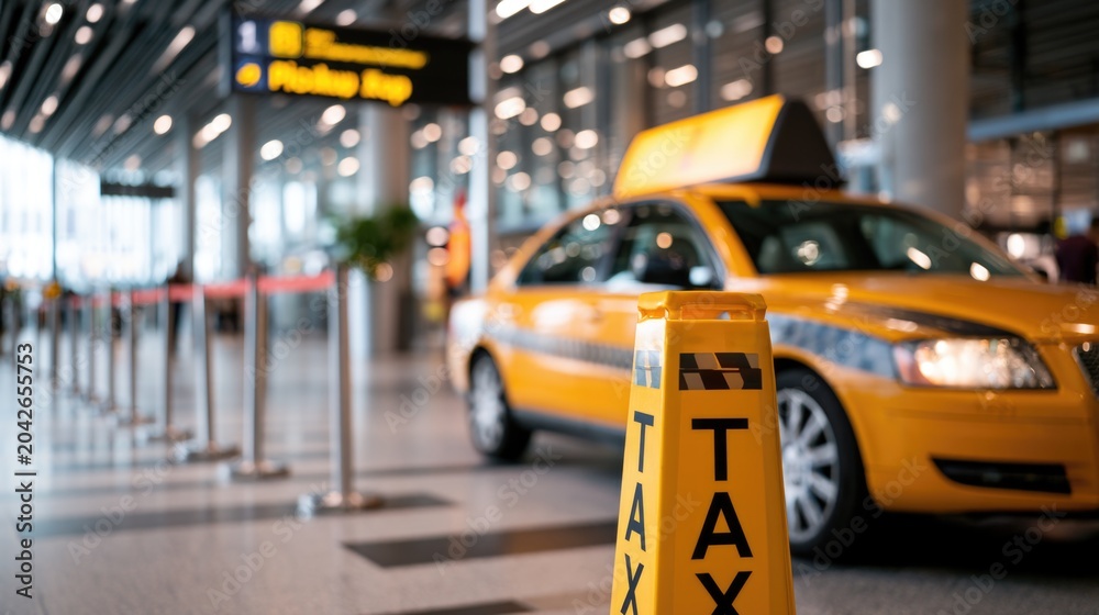Fototapeta premium Yellow taxi parked inside a modern airport terminal with a bright 