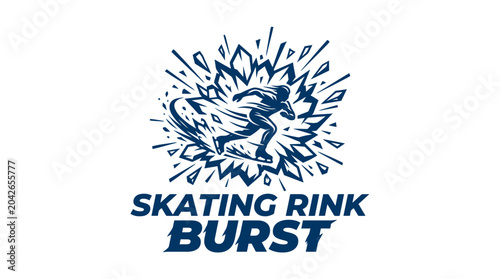 Speed skater in motion with ice shards and text 