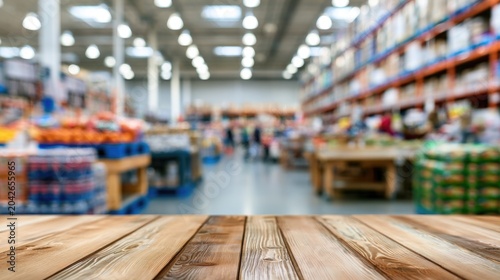 Wooden table surface in sharp focus with a blurred background of a brightly lit warehouse or large retail store interior.