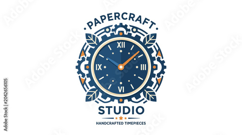 Papercraft Studio clock logo with roman numerals and gears, handcrafted timepieces concept