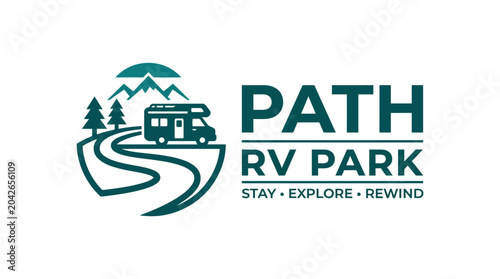 RV park logo with camper van on winding road, mountains, and trees